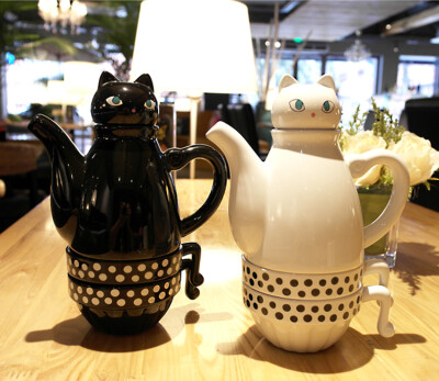 日式简约shinzi katoh创意陶瓷可爱小猫茶具咖啡厅泡茶杯水壶套装