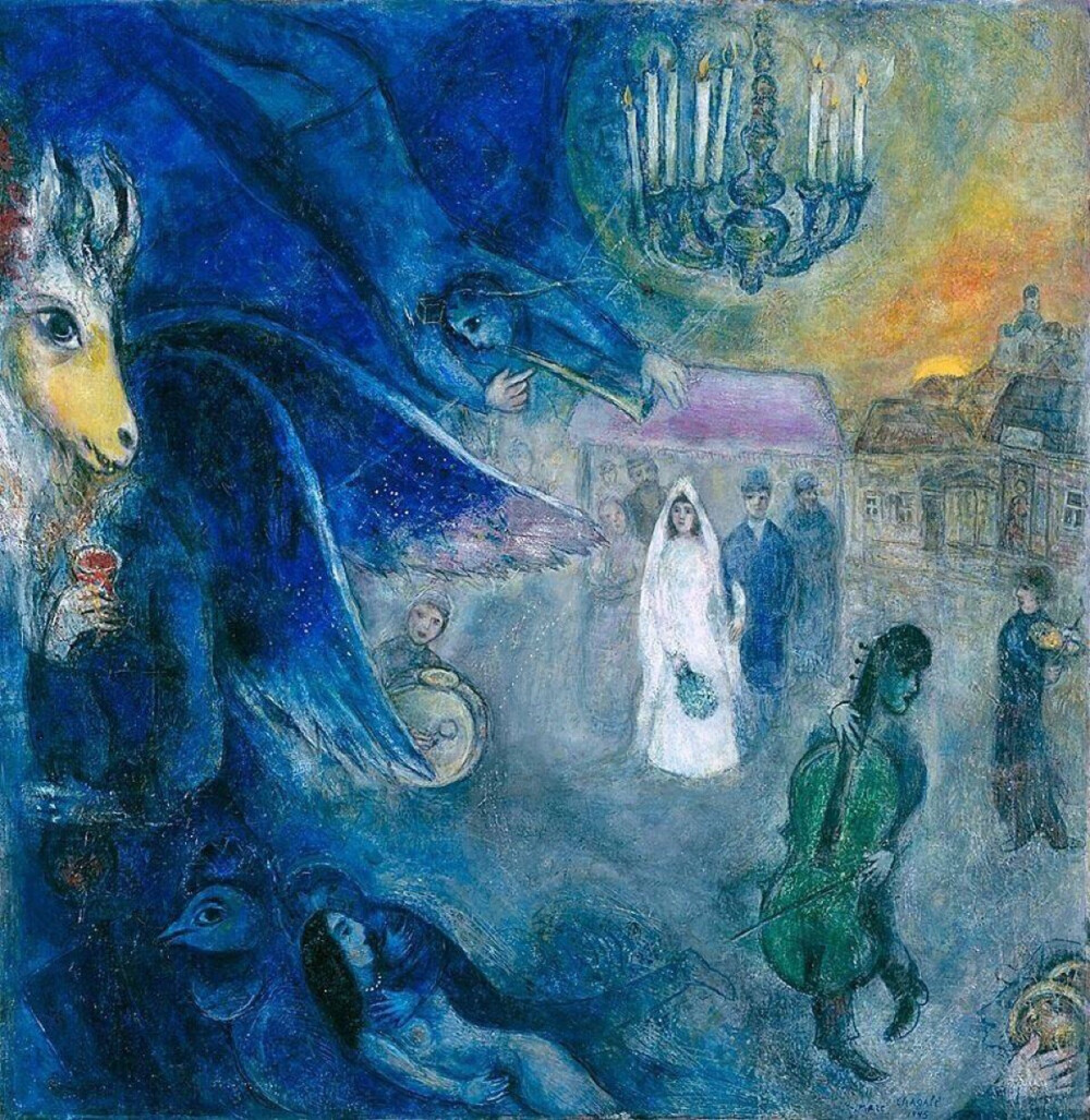 马克·夏加尔 Marc chagall（1887 年－1985年）白俄罗斯裔法国画家、版画家和设计师。他的作品依靠内在诗意力量而非绘画逻辑规则把来自个人经验的意象与形式上的象征和美学因素结合到一起。他的油画色彩鲜艳，别具一格，每每把犹太民间传说融入作品，并从自然界天真朴实的形象中汲取素材。是一位追求天真纯朴，从俄国的犹太居民到巴黎的画家。他历经立体派、超现实主义等现代艺术实验与洗礼，发展出独特个人风格，在现代绘画史上占有重要的地位。