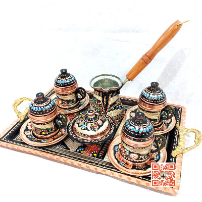 土耳其进口 手工打造紫铜胎彩绘咖啡杯咖啡壶托盘糖盘4人组套装
