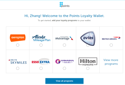 欢迎来到积分忠诚钱包 页面，并邀请您添加忠诚计划到你的points.com Loyalty Wallet 