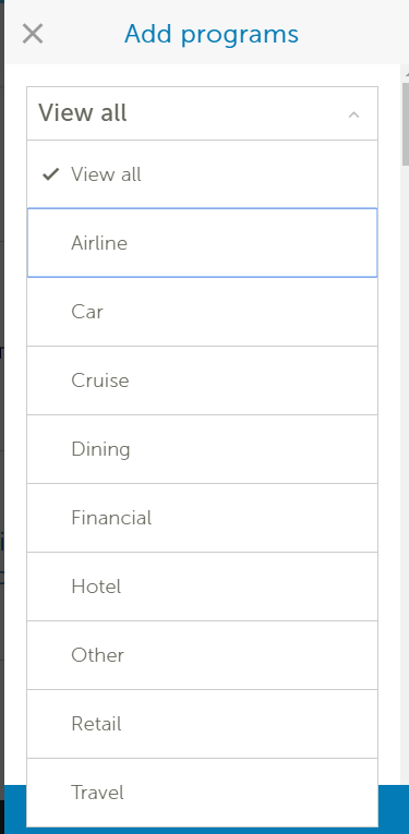 这里包括：
Airline 航空
Car 汽车
Cruise 巡航
Dining 餐饮
Financial 金融
Hotel 旅馆 酒店
Retail 零售
Travel 旅行