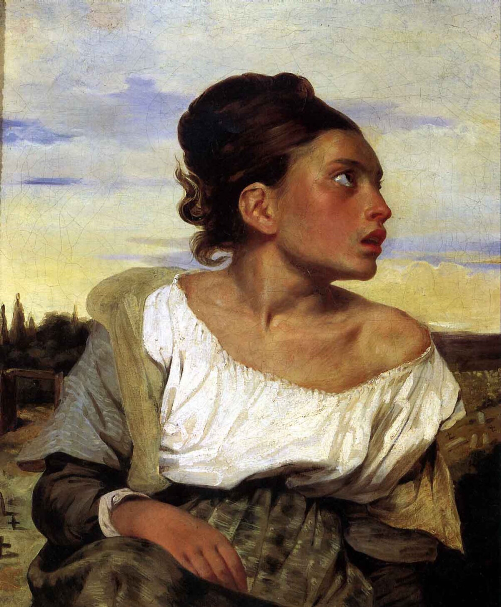 《坐在墓园的少女》斐迪南-维克多-欧根．德拉克洛瓦 Eugène Delacroix（1798—1863）法国著名画家，浪漫主义画派的典型代表。他继承和发展了文艺复兴以来欧洲各艺术流派，包括威尼斯画派、荷兰画派、P.P.鲁本斯和J.康斯特布尔等艺术家的成就和传统，并影响了以后的艺术家，特别是印象主义画家。杰出作品《自由引导人民》《巧思岛的屠杀》