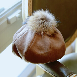 拼接旋转贝雷帽毛球百搭秋冬加厚貉子毛球多色贝雷画家帽女士休闲