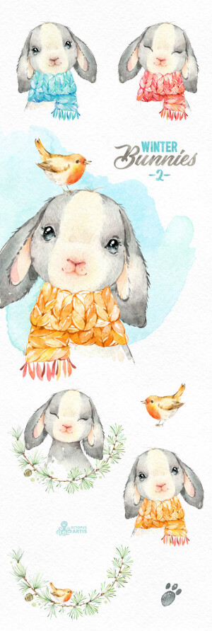 手账 水彩 绘画 平面设计 贴纸素材 兔子