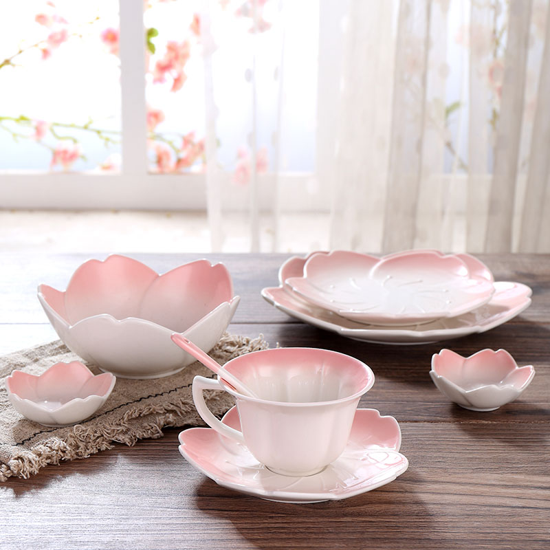 日式渐变樱花下午茶餐具 陶瓷创意餐盘碗碟咖啡杯 早餐点心平盘