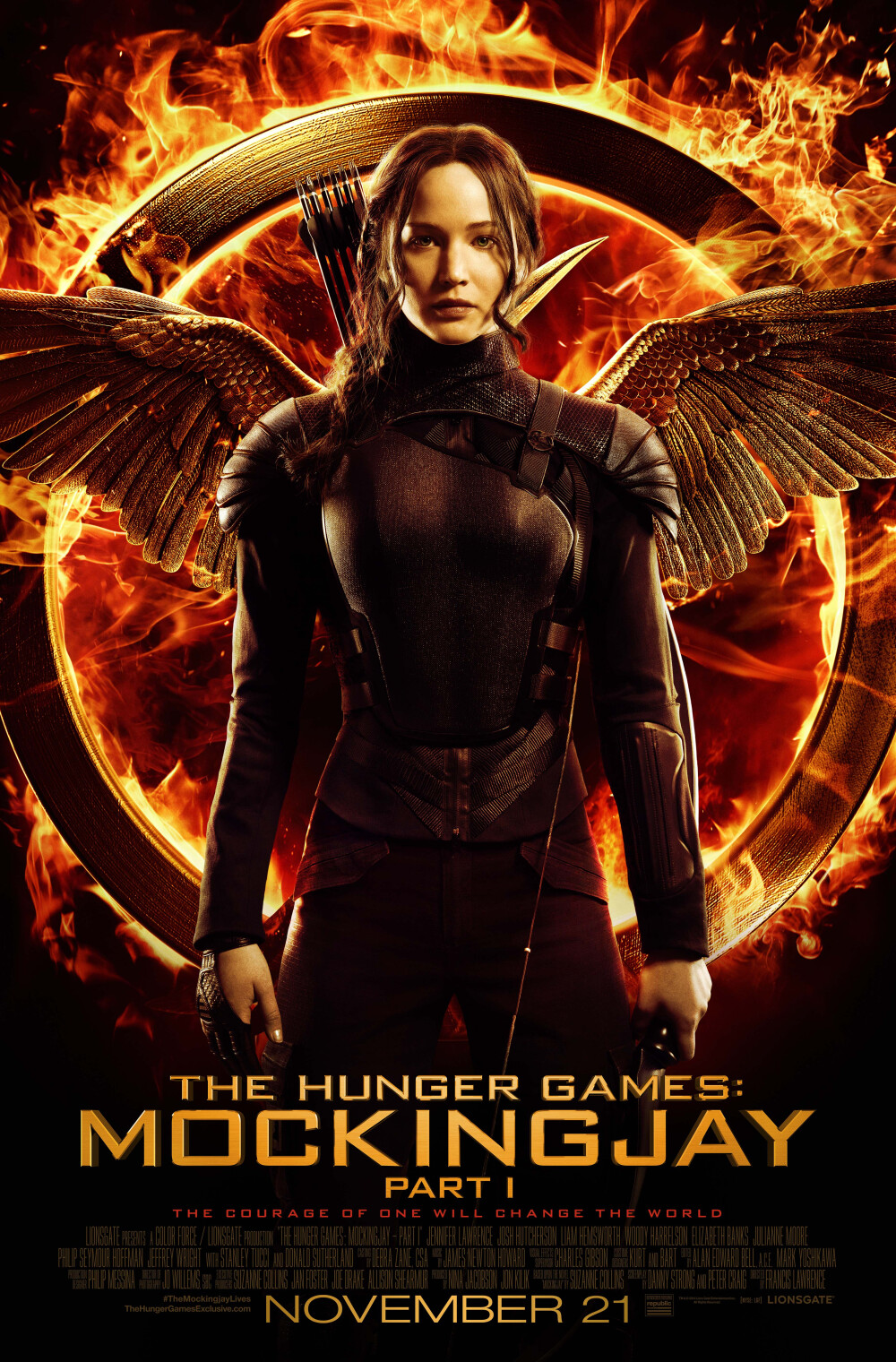 《饥饿游戏3:嘲笑鸟(上) 》(The Hunger Games: Mockingjay - Part 1,2014年,美国):凯特尼斯·伊夫狄恩所在的第十二区被毁，她和母亲、妹妹、盖尔逃了出来，皮塔却被凯匹特抓走。原本被彻底消灭的第十三区其实并非不存在，而是在地下建立了坚固的堡垒，成立了帕纳姆国。他们正在密谋一场重大革命，企图推翻凯匹特的统治。凯特尼斯是这场反抗运动的参与者，她所代表的“嘲笑鸟”，是反抗者希望和勇气的象征。为此，她不得不肩负着改变帕纳姆国未来的使命。为了做到这一切，她必须抛却愤怒和不信任，她必须要成为反抗者的嘲笑鸟――不管付出多大代价。