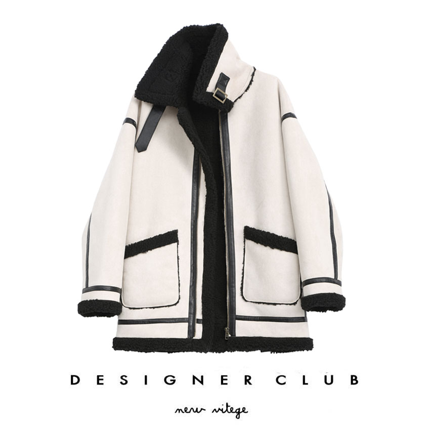 Designer club 皮毛一体大衣女中长款冬季新款机车保暖羊羔毛外套