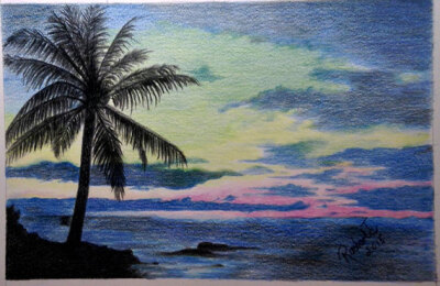 佛罗里达的日落-原创彩色铅笔艺术