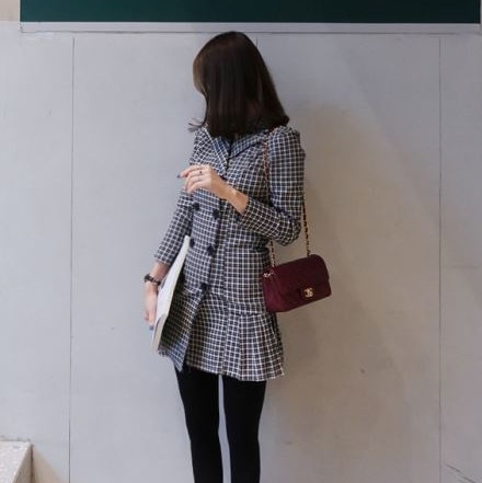 韩国直购 2017秋冬女装 格纹翻领 中长款 双排扣 外套O24