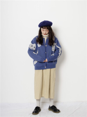 含15%羊毛の优雅蓝紫色古着感冬季开刺绣衫毛衣