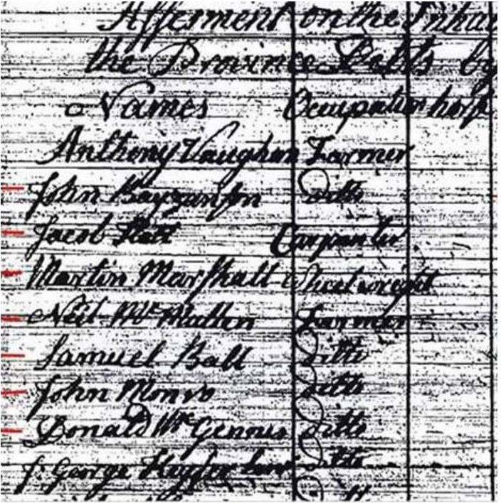 Nova Scotia Archives, extract from 1794 Poll Tax records showing Donald McGinnis living on Oak Island