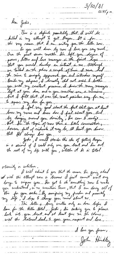 John Hinckley letter to Jodie Foster