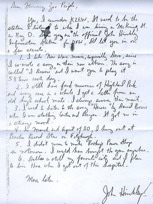 John Hinckley letter to Radio Station(Nov. 1982)