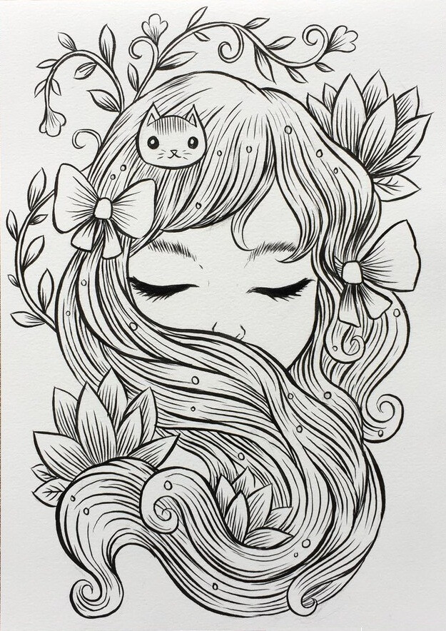 女孩 黑白线描 Jeremiah Ketner