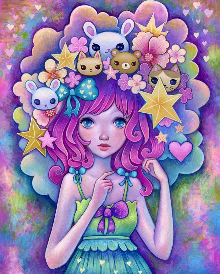 Jeremiah Ketner 唯美艺术插画欣赏。Jeremiah Ketner是来自美国的一位艺术家，他在木头用丙烯颜料绘制作品。画作风格独特，色彩艳丽甜美，充满了天马行空的想象力，大多数作品描绘了调皮的精灵或女孩子，充满了梦幻般的情调。