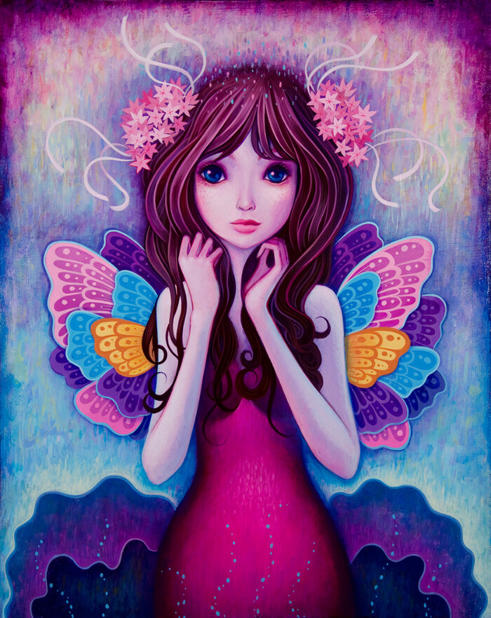 Jeremiah Ketner 唯美艺术插画欣赏。Jeremiah Ketner是来自美国的一位艺术家，他在木头用丙烯颜料绘制作品。画作风格独特，色彩艳丽甜美，充满了天马行空的想象力，大多数作品描绘了调皮的精灵或女孩子，充满了梦幻般的情调。