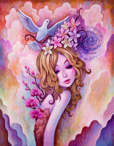 Jeremiah Ketner 唯美艺术插画欣赏。Jeremiah Ketner是来自美国的一位艺术家，他在木头用丙烯颜料绘制作品?；鞣绺穸捞兀恃蘩鎏鹈?，充满了天马行空的想象力，大多数作品描绘了调皮的精灵或女孩子，充满了梦幻…