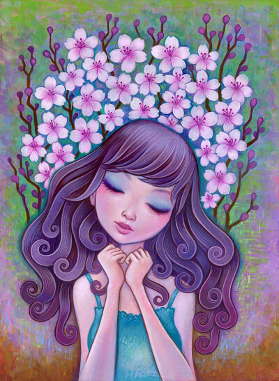 Jeremiah Ketner 唯美艺术插画欣赏。Jeremiah Ketner是来自美国的一位艺术家，他在木头用丙烯颜料绘制作品。画作风格独特，色彩艳丽甜美，充满了天马行空的想象力，大多数作品描绘了调皮的精灵或女孩子，充满了梦幻…