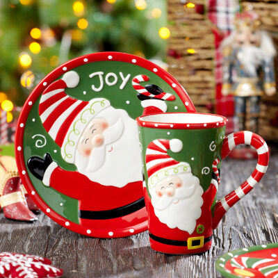 Evergreen美式手绘圣诞老人陶瓷浮雕杯盘礼盒套装圣诞杯水杯茶杯