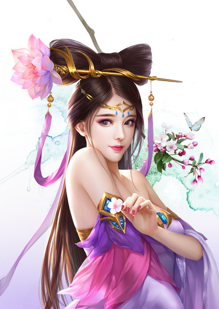 人面桃花古风美女手绘插画图