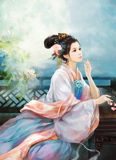 人面桃花古风美女手绘插画图