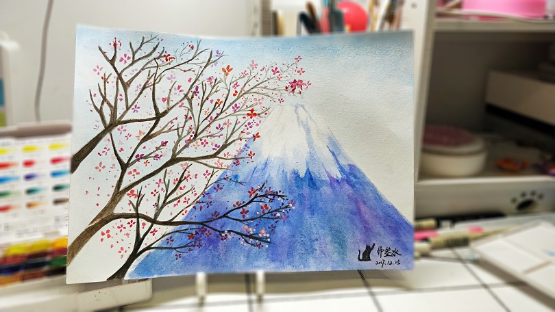 水彩日本樱花雪山插画