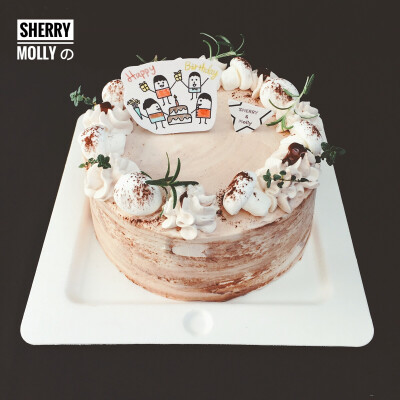 #SHERRY Molly家の下午茶#—『巧克力cake』一个来去无影的客人订的cake什么要求也没给 就要一个巧克力cake～所以我就自由发挥啦 简简单单又好看 我改造的小蘑菇很可爱呢
偷吃了一口多出来的奶油 哇喔 那么好吃啊～