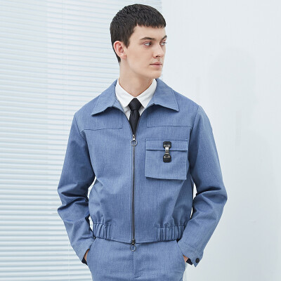 LEONSENSE设计师男装修身型宽大翻领蓝色棉质薄短款夹克外套秋装