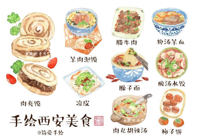 【美食手绘】#西安小吃# 作者： 简爱手绘