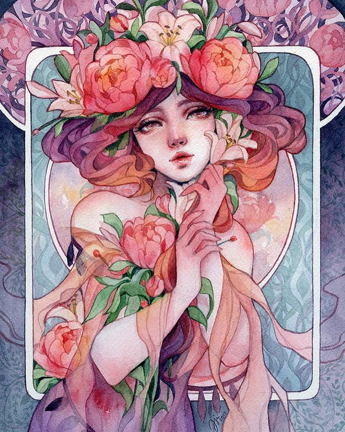 少女 花 ~ 菲律宾插画艺术家margaret morales水彩人物插画作品