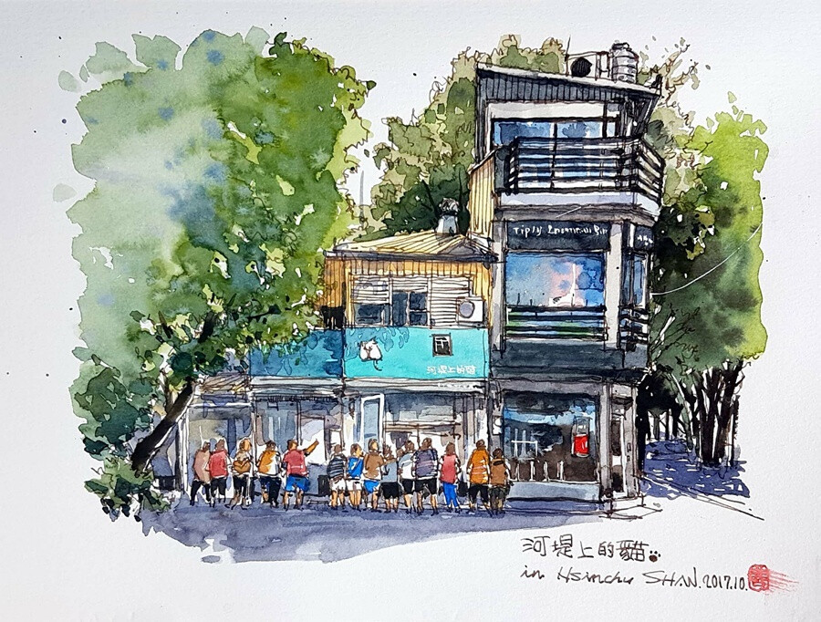 清新水彩#街景# 作者：台湾插画师李善图