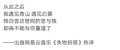 从此之后
我遇见青山 遇见白雾
独自尝这世间的苦与独
却再不能与你重逢了
——出自网易云音乐《失物招领》热评