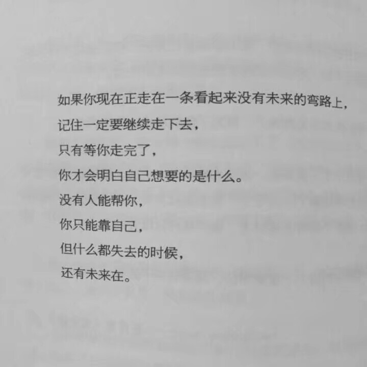 如果你现在正走在一条看起来没有未来的弯路上，
记住一定要继续走下去，
只有等你走完了，
你才会明白自己想要的是什么。
没有人能帮你，
你只能靠自己，
但什么都失去的时候，
还有未来在。