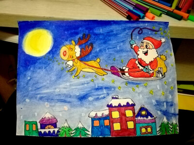 儿童画，油画棒 丙烯 圣诞节