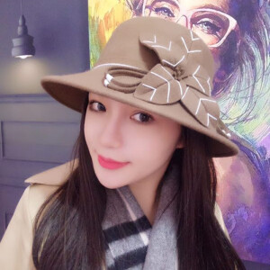 双12 驼色倩影毛呢礼帽渔夫花朵手工礼帽圆顶宽檐秋冬女帽子