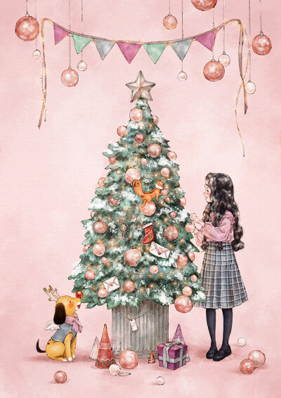 圣诞快乐！~ 来自韩国插画家Aeppol 的「森林女孩日记-2017」系列插画。