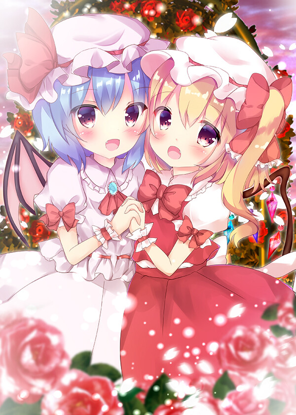 Tags: Anime, Rika-tan, Touhou, Remilia Scarlet, Flandre Scarlet, Frilled Cuffs, Skirt Set, Red Vest, Garden, Fanart From Pixiv, Pixiv, Fanart, Touhou Project