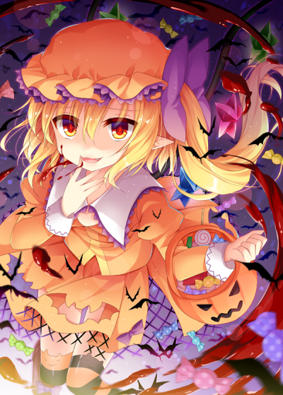 Tags: Anime, Shikitani Asuka, Touhou, Flandre Scarlet, Orange Skirt, Animal Legwear, Orange Hat, Orange Headwear, Fanart, Fanart From Pixiv, Pixiv