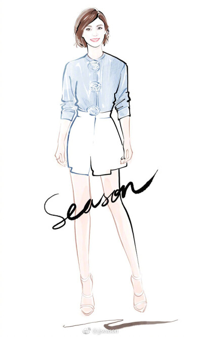 #jjseason插画# #season街拍插画# ----- @袁姗姗 清新蓝白搭配，优雅出席全球可持续发展新媒体展在北京1+1艺术中心举办的活动。O明星时髦搭配插画 ​​​​