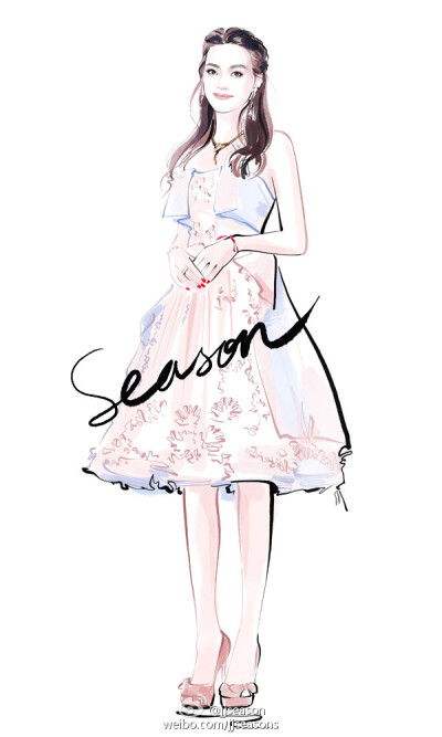 #jjseason插画# #明星红毯礼服插画# ----- @舒淇 身着粉色蓬蓬裙搭配@Jimmy-Choo 同色系缎面KENEDY，甜美优雅亮相@VOGUE服饰与美容 十一周年庆祝派对。