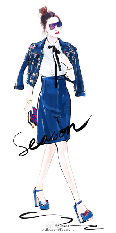 #jjseason插画# #season街拍插画# ----- @李晖616 身着@MARCJACOBS中国 牛仔外套搭配领带衬衫，@香奈儿CHANEL 墨镜，时髦街头范演绎@我们的街拍时刻 花漾·牛仔街拍Look。 ​​​​