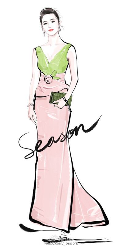 #jjseason插画# #明星红毯礼服插画# ----- @刘亦菲 身着Oscar de la Renta礼服，清新粉嫩优雅出席#芭莎明星慈善夜# 。