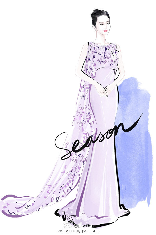 #jjseason插画# #时尚##插画# ----- @王鸥Angel 身着Georges Hobeika 2016春夏高级定制紫色拖尾长裙、佩戴@PIAGET伯爵 Rose系列珠宝，浪漫优雅亮相第22届#上海电视节##白玉兰颁奖典礼# ​​​​