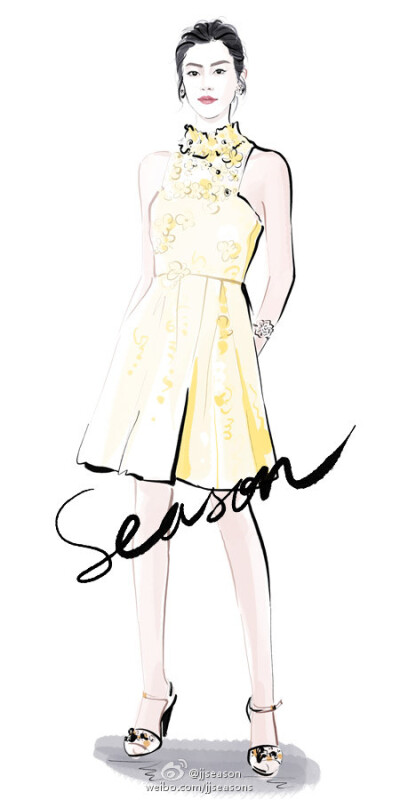 #jjseason插画# #时尚##season插画# ----- #2016戛纳国际电影节# 名模@刘雯 身着@FENDI 2016早秋系列的刺绣连身裙，清新典雅现身第23届amfAR电影对抗艾滋戛纳慈善夜(Cinema Against AIDS Gala)。