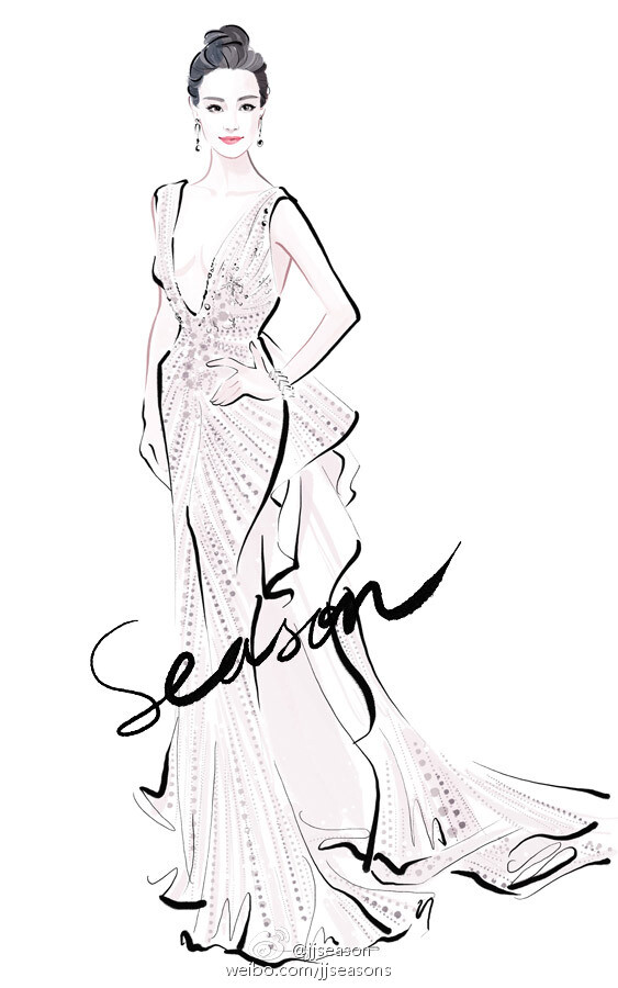 #jjseason插画# #时尚##season插画# ------ @倪妮V 身穿Zuhair Murad 2015秋冬高定礼服、佩戴Tiffany高级珠宝系列，优雅明媚亮相#戛纳红毯#。