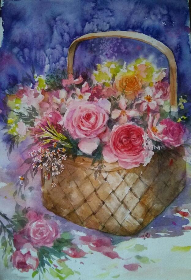 水彩花篮作者薇薇儿水彩