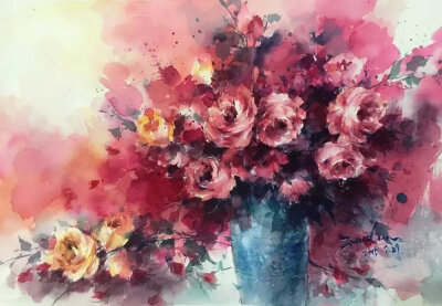 【清新水彩花卉】#瓶花# 作者：一个狗蛋不说话