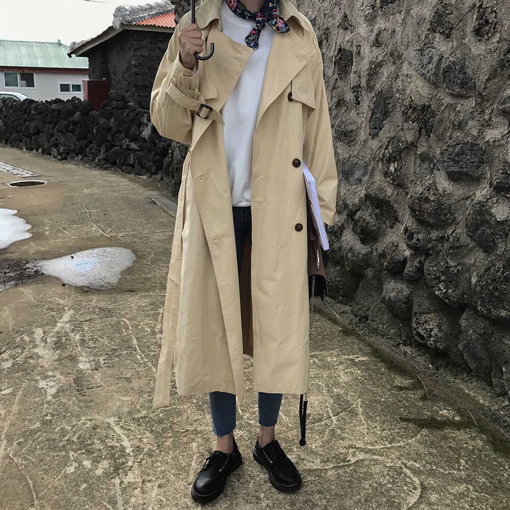 kumayes 韩版秋装西装领单排扣长款女士大衣纯色宽松显瘦风衣外套