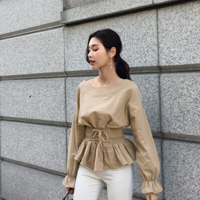 韩国秋冬装 有女人味 交叉系带收腰裙摆喇叭袖衬衫 2色入