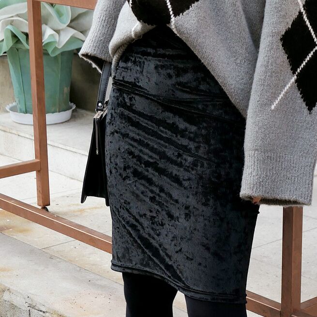 韩国秋冬装 复古chic 丝绒纯色修身包臀高腰半身短裙 3色入